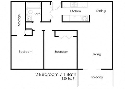 Floor plan for 2 beds, 1 bath, 858 sqft